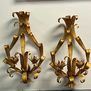 Pair Of Hollywood Regency Mid Century Modern Gold Guilt  WALL SCONCES